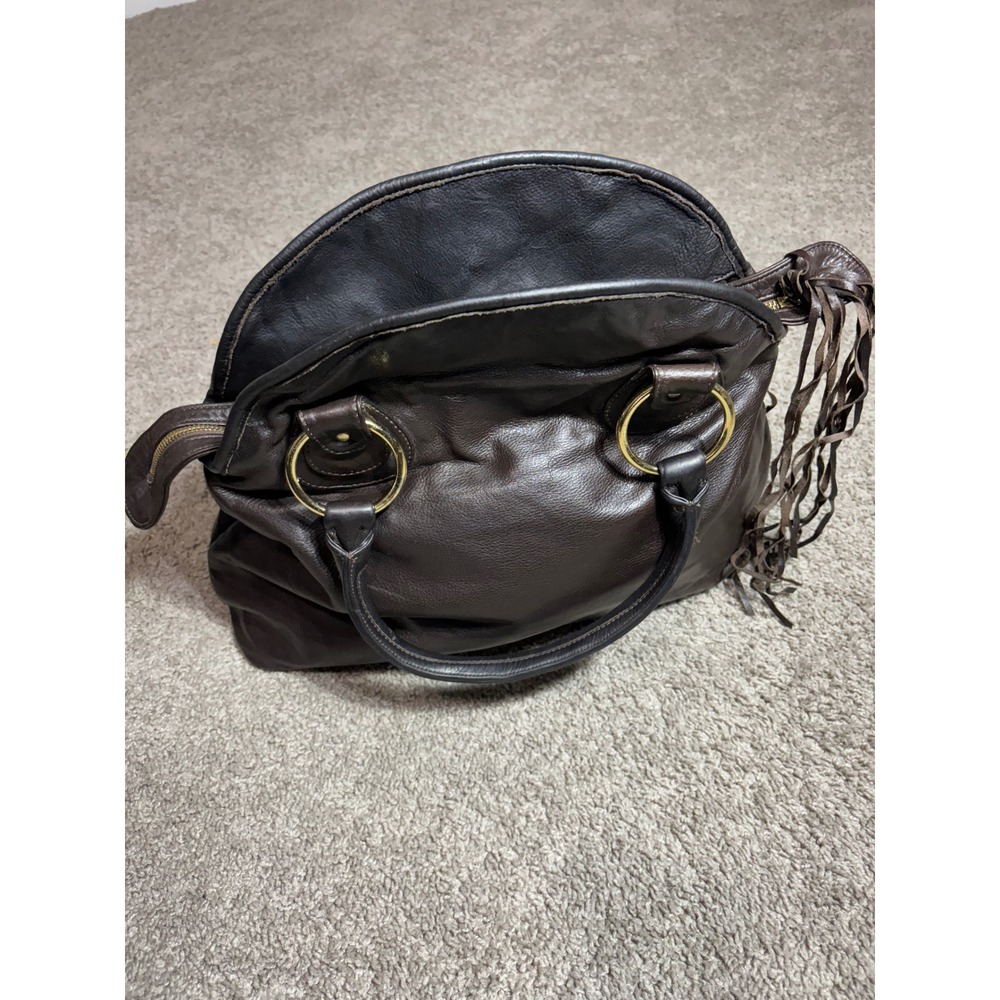 Bulga Dark Brown Leather Satchel Handbag Gold Ring Hardware Tassel Fringe Boho